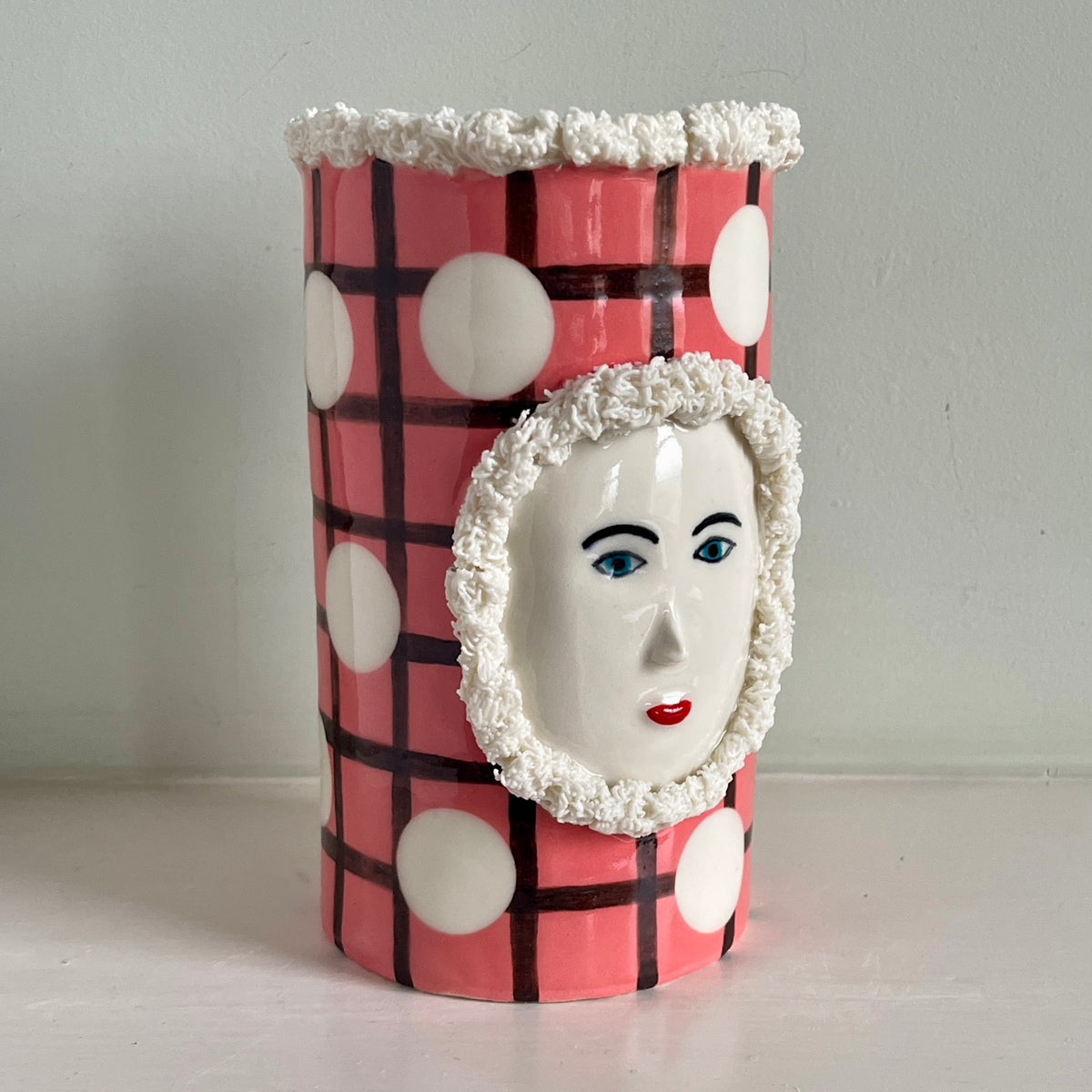 Large Pink and Brown Grid Vase with Fur Hood and Crown
