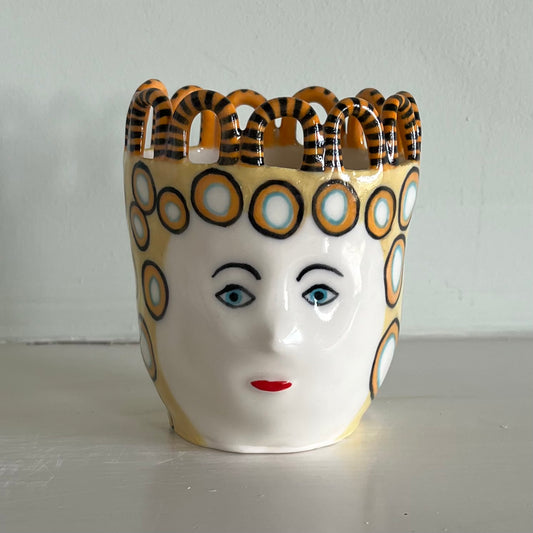 Porcelain Stripy Looped Girl with White Dots on Honeydew Yellow