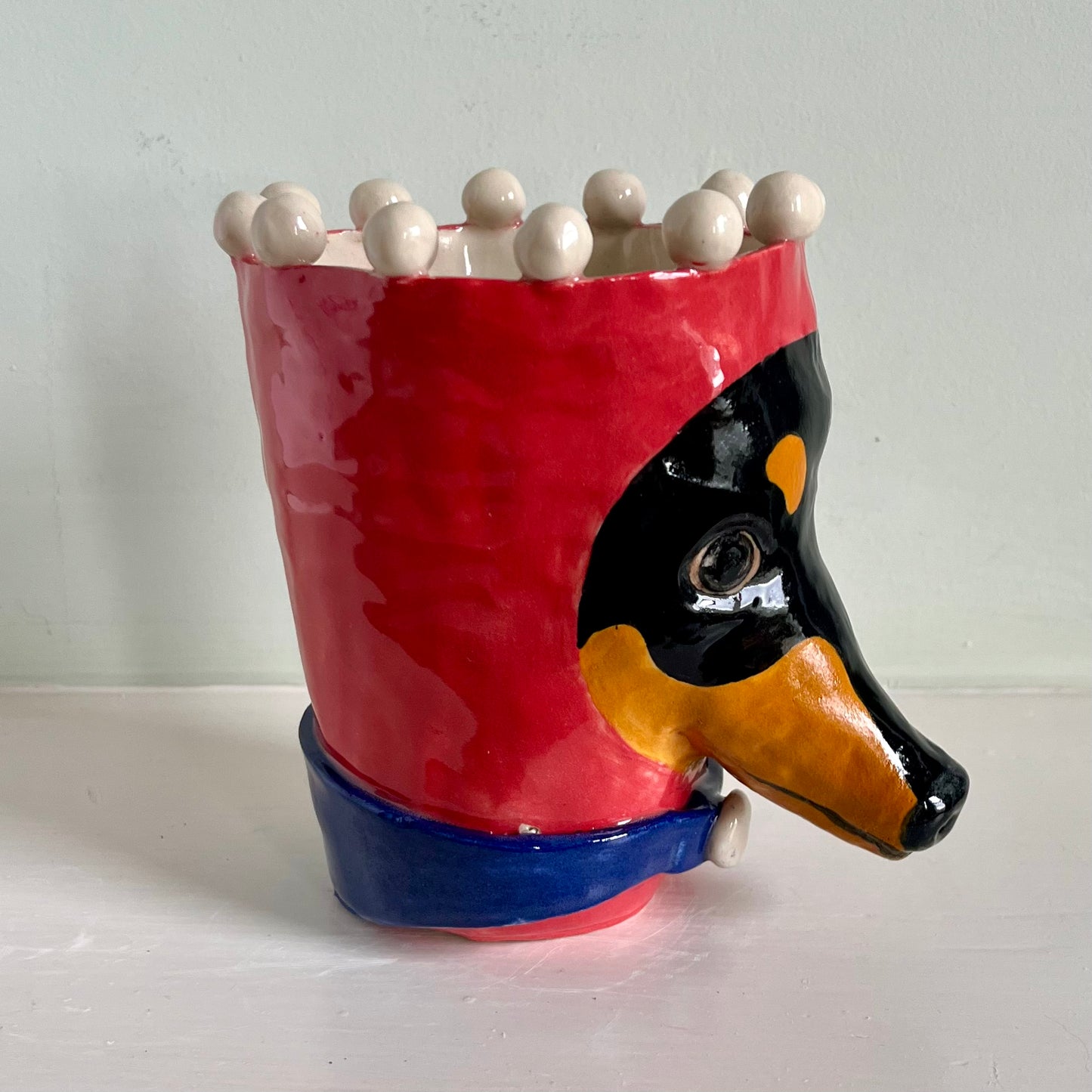 Dachshund in Red Balaclava with Blue Collar