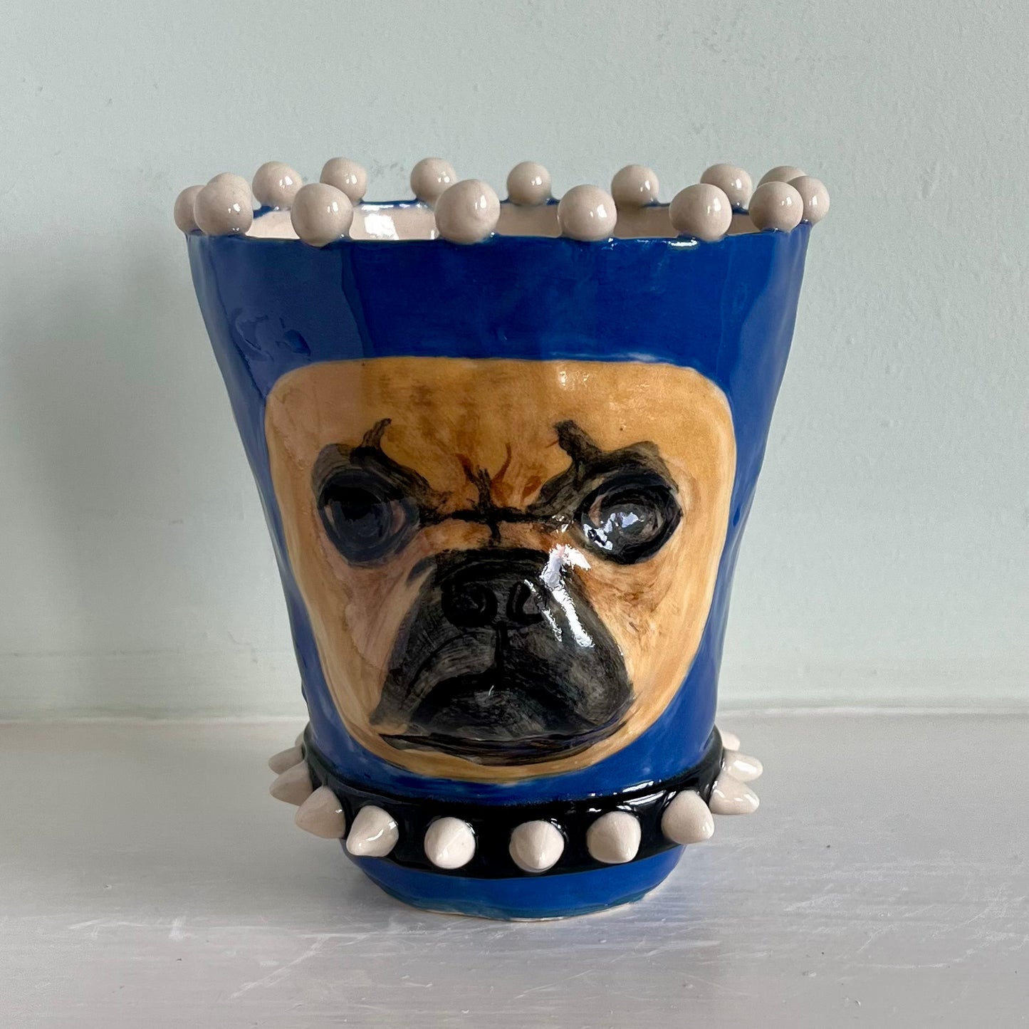 Bulldog in Blue Balaclava with Black Spiked Collar