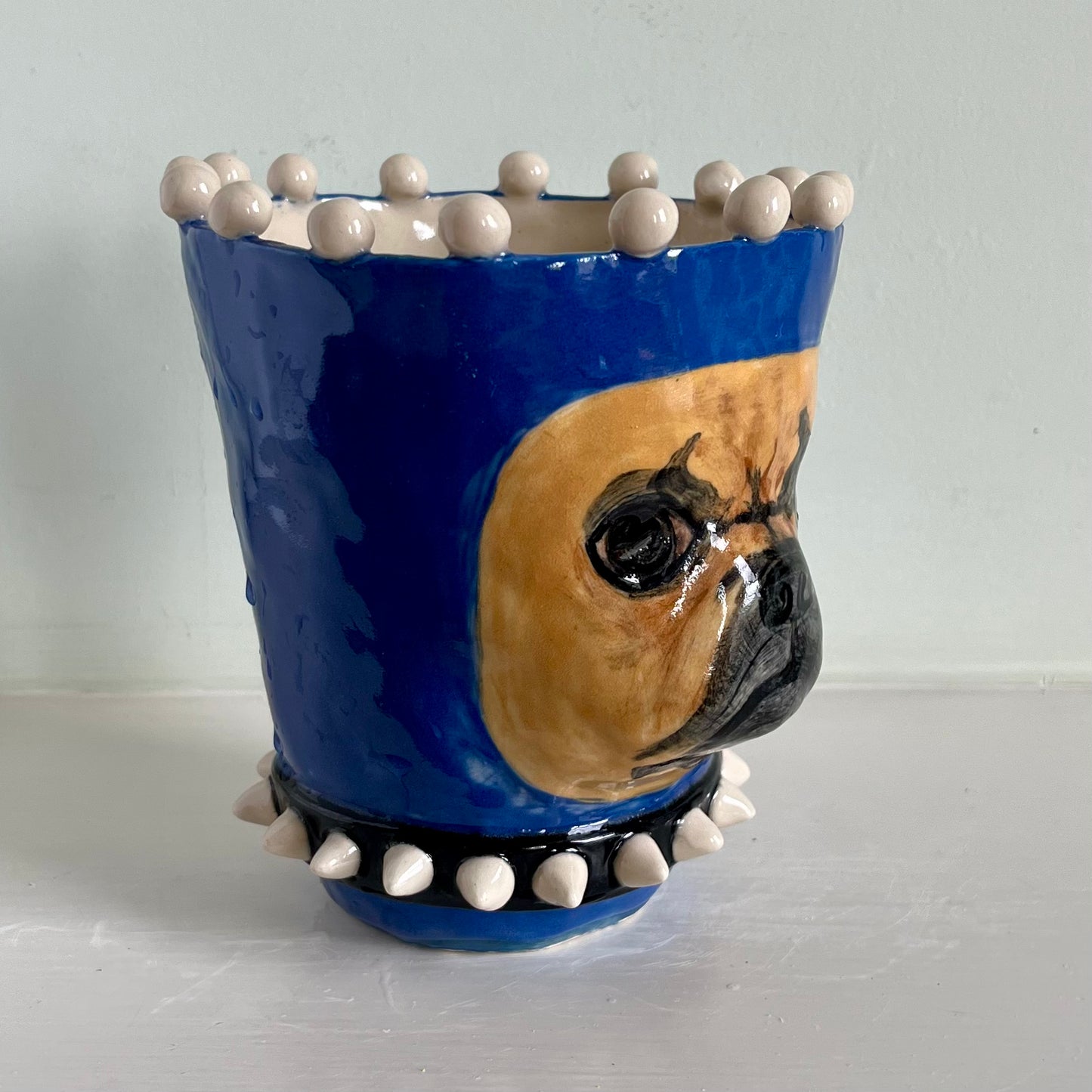 Bulldog in Blue Balaclava with Black Spiked Collar