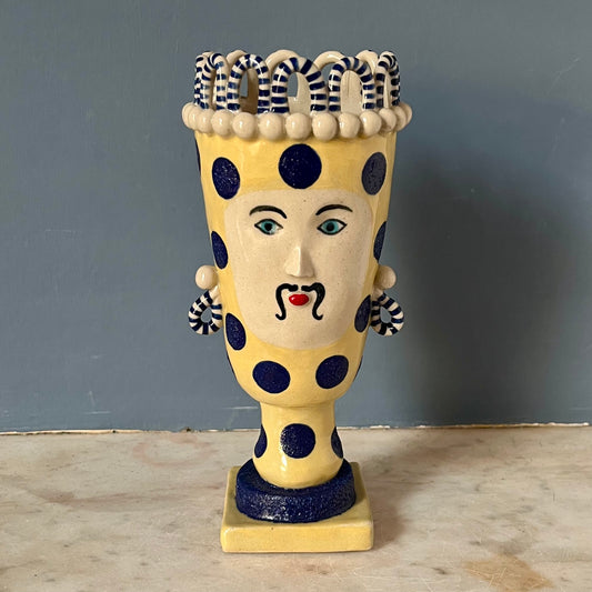 Honeydew Yellow with Blue Spots, Moustache, Stripy Looped Earrings and Crown
