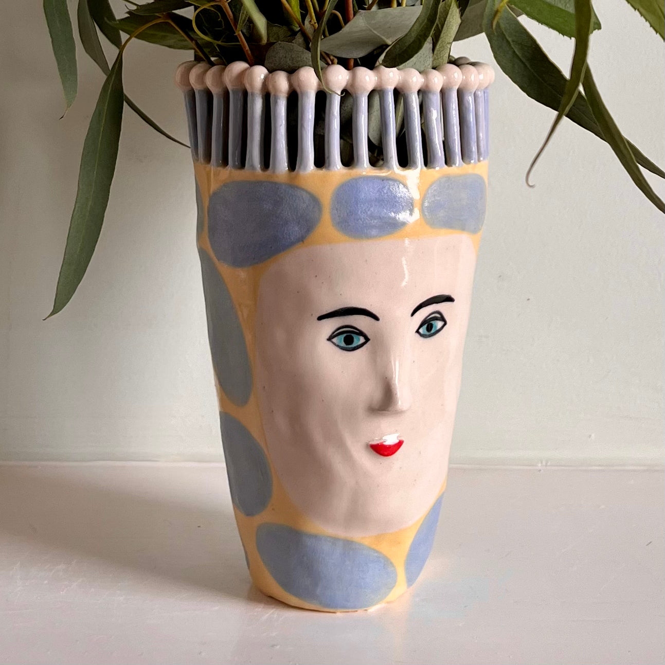 Tall Blue Bean Lady with Matchstick Crown