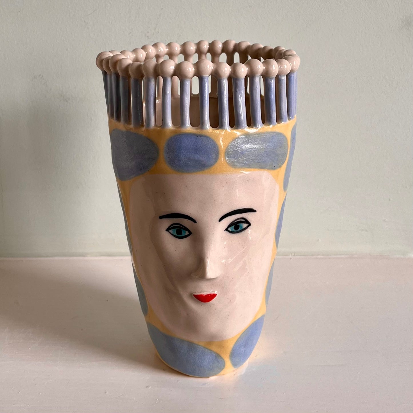 Tall Blue Bean Lady with Matchstick Crown