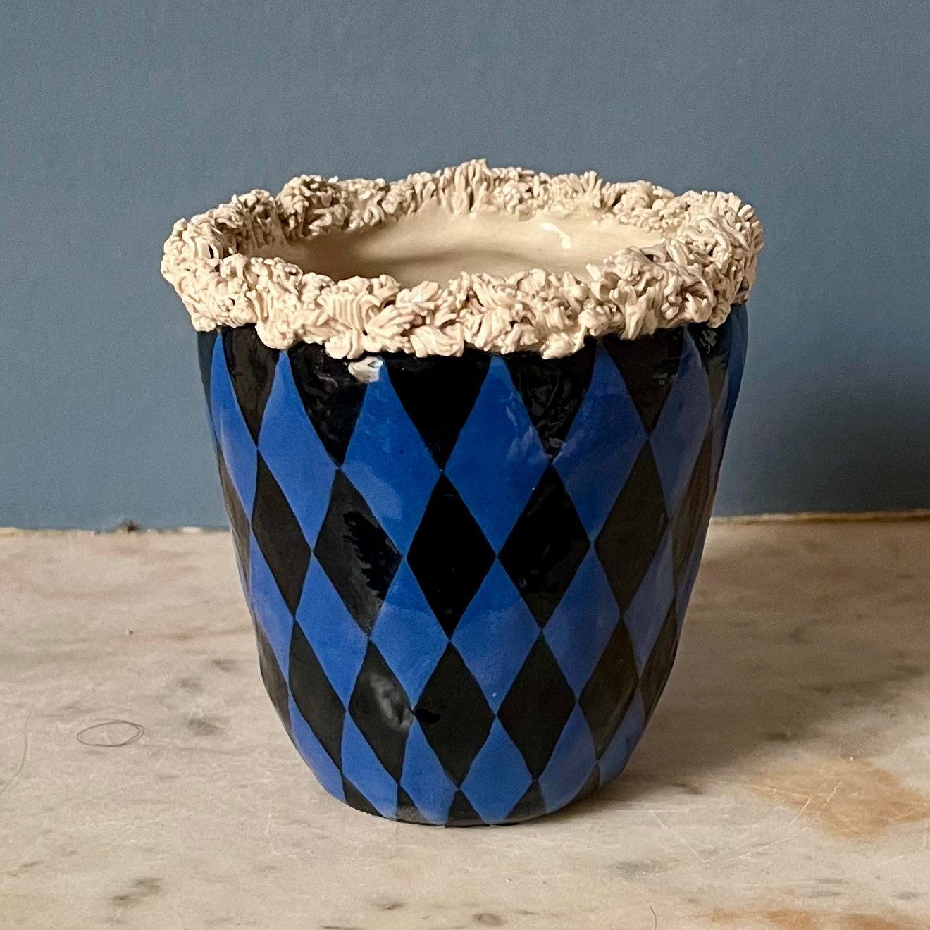 Blue and Black Harlequin with Fur Hood and Crown