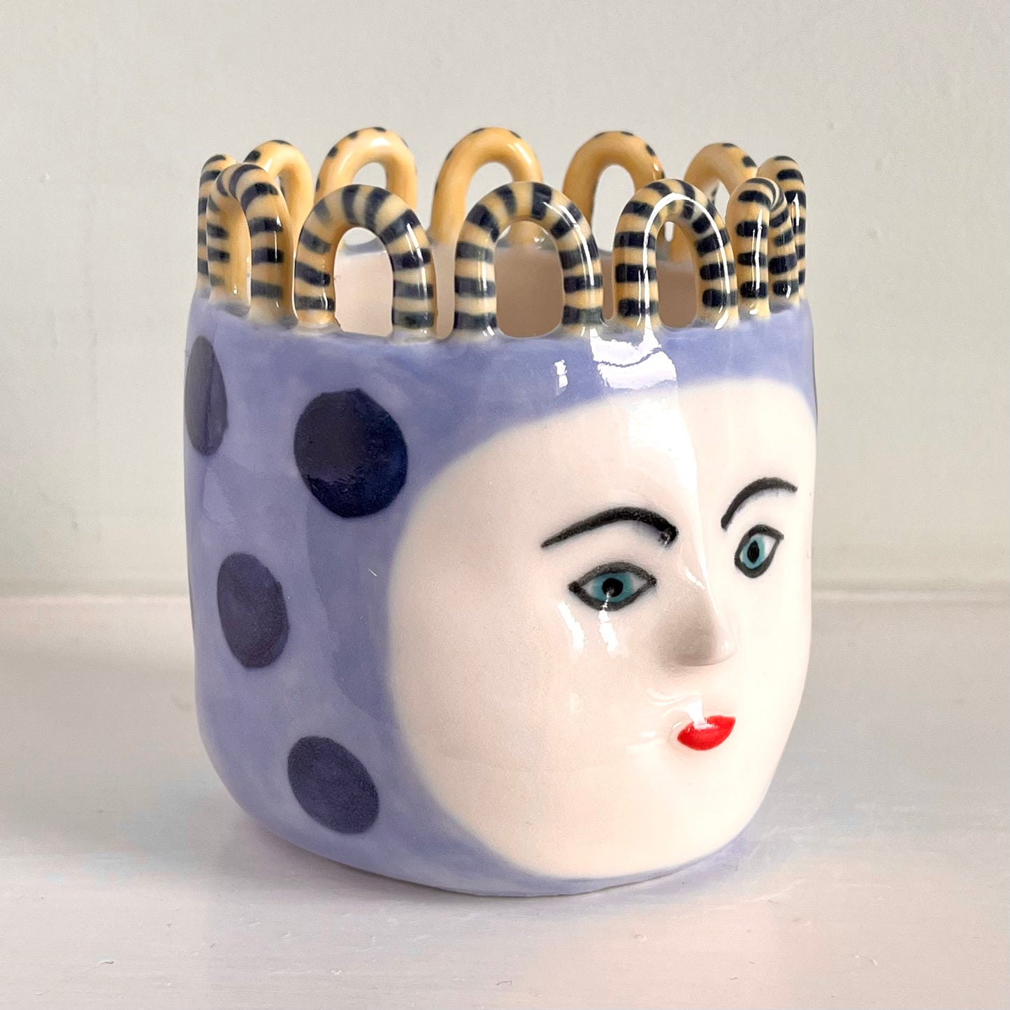Porcelain Navy Blue Polka Dots on Baby Blue Head Pot