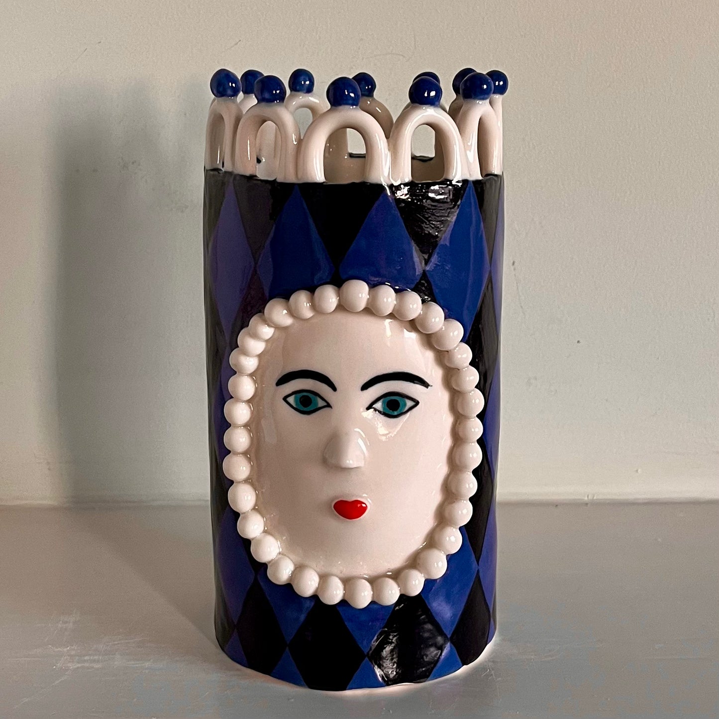 Royal Blue Harlequin Lady with White Looped Crown