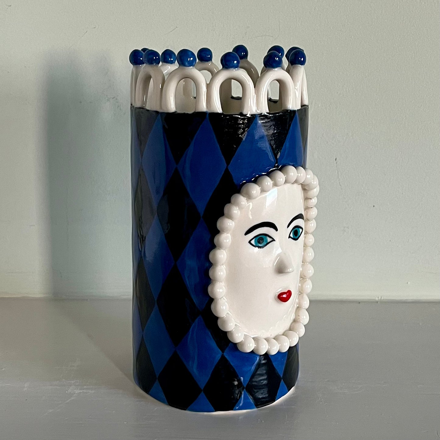 Royal Blue Harlequin Lady with White Looped Crown