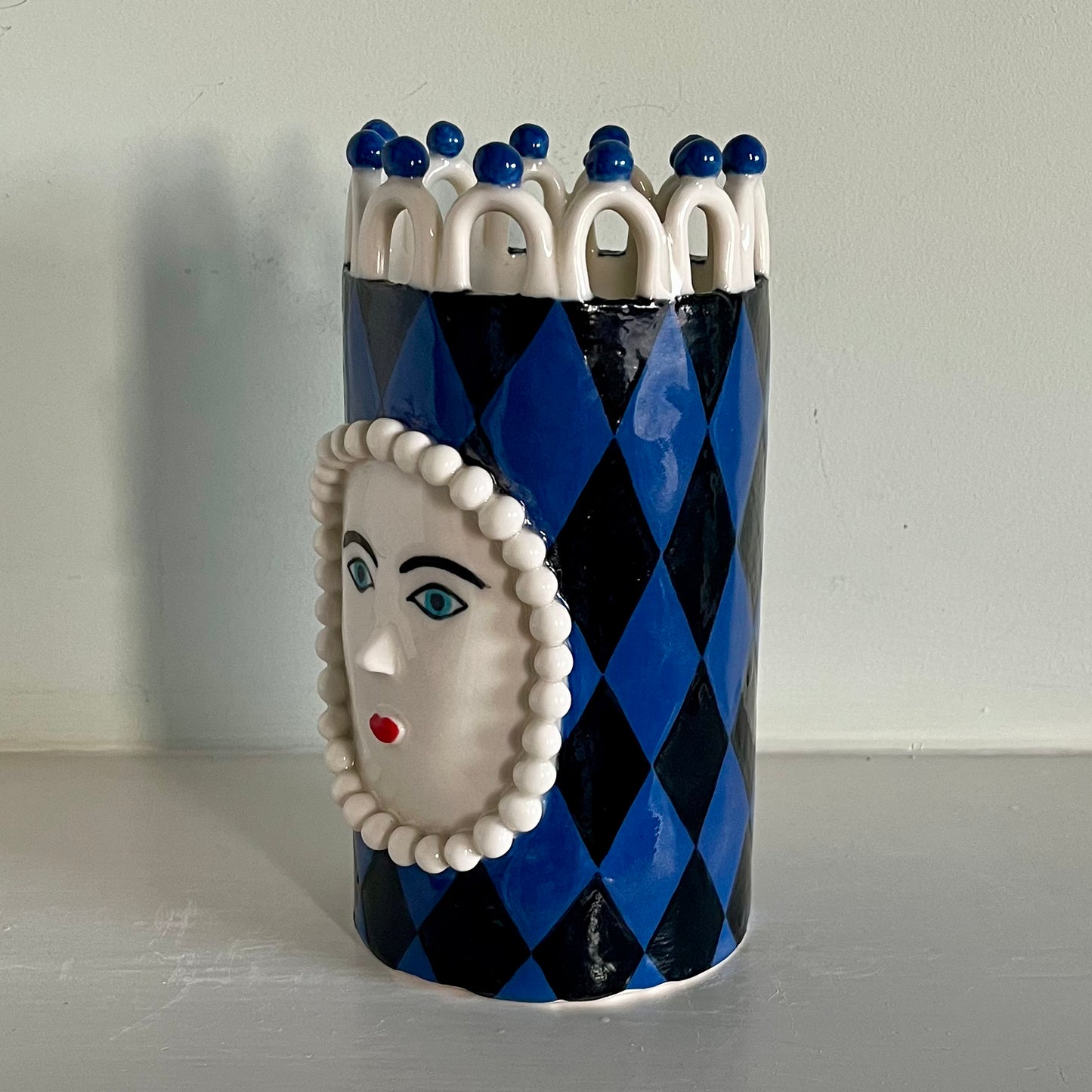 Royal Blue Harlequin Lady with White Looped Crown
