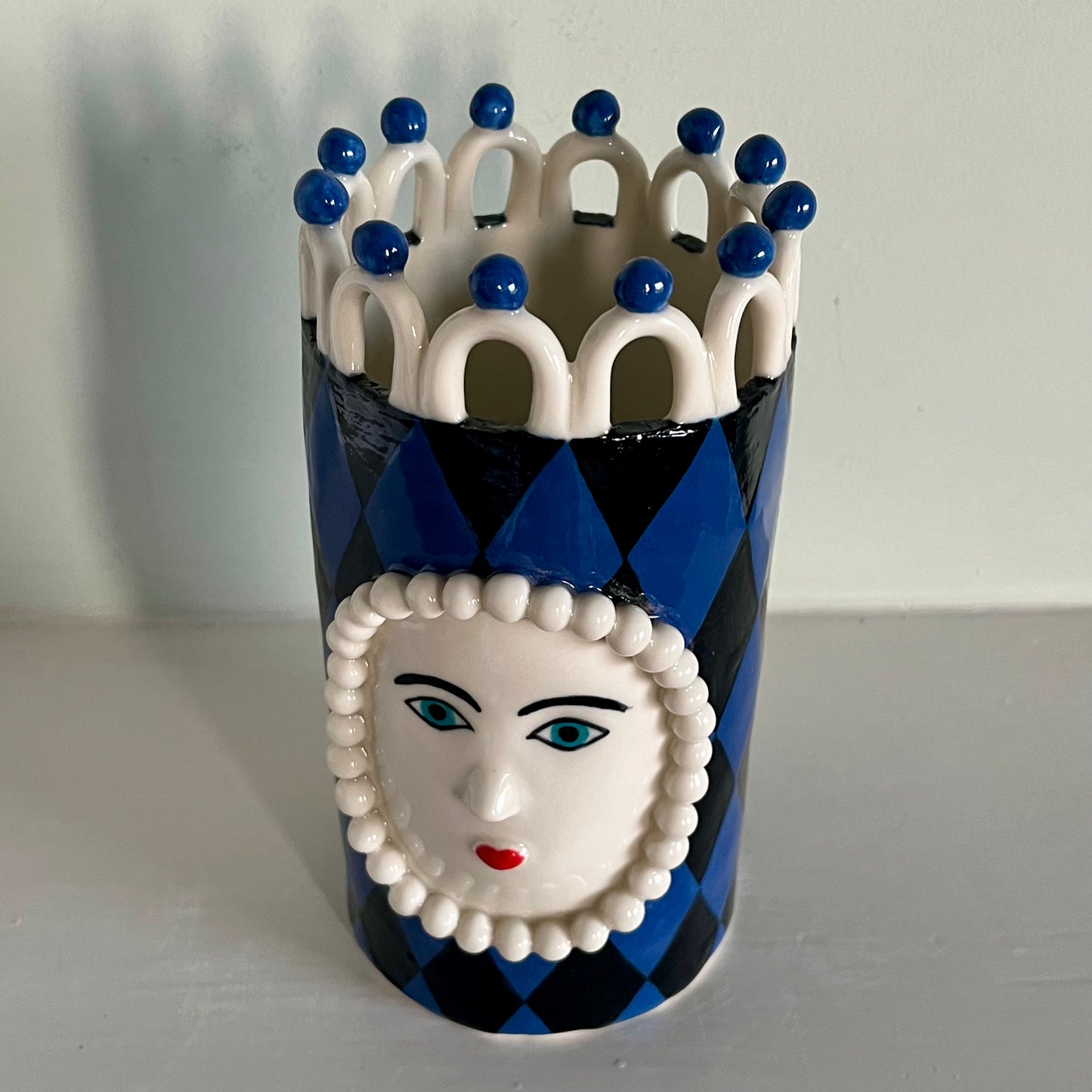 Royal Blue Harlequin Lady with White Looped Crown