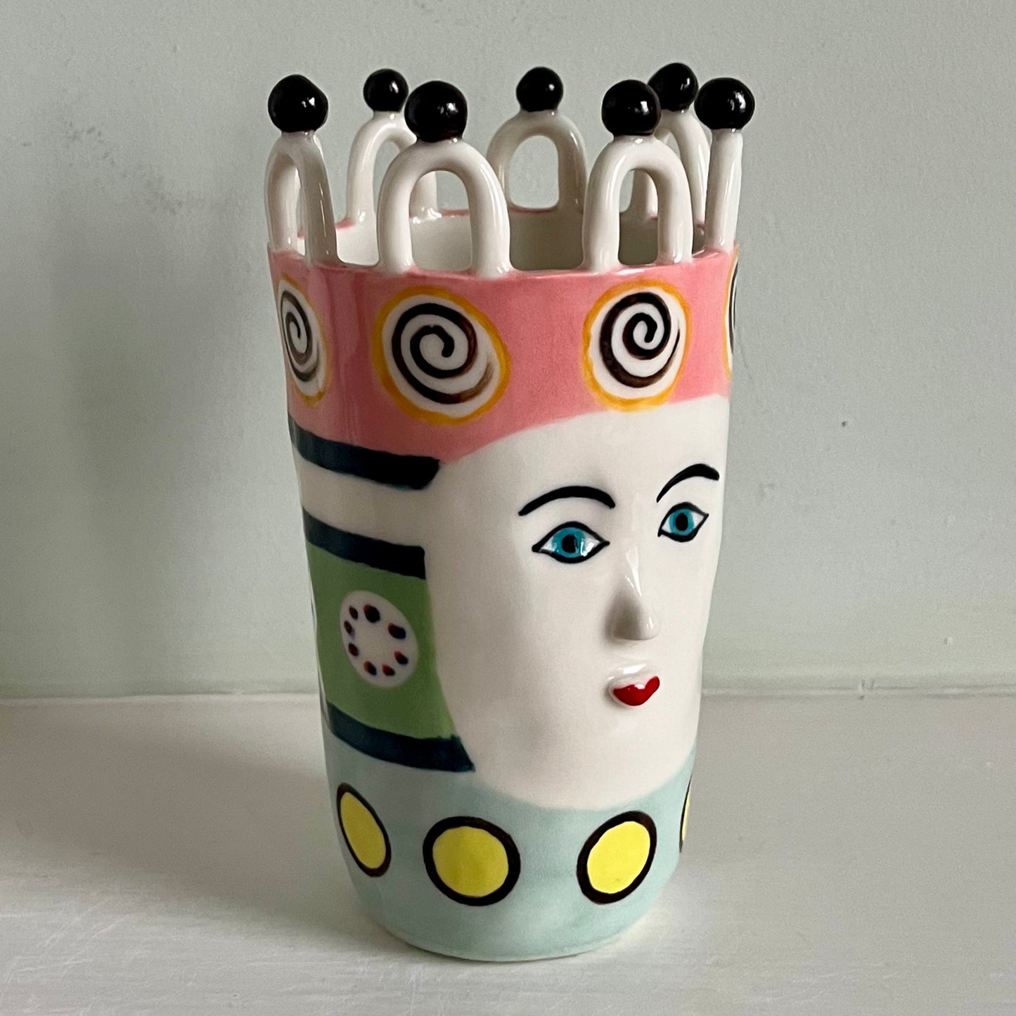 Swirls and Dot Lady on Pastel Stripes