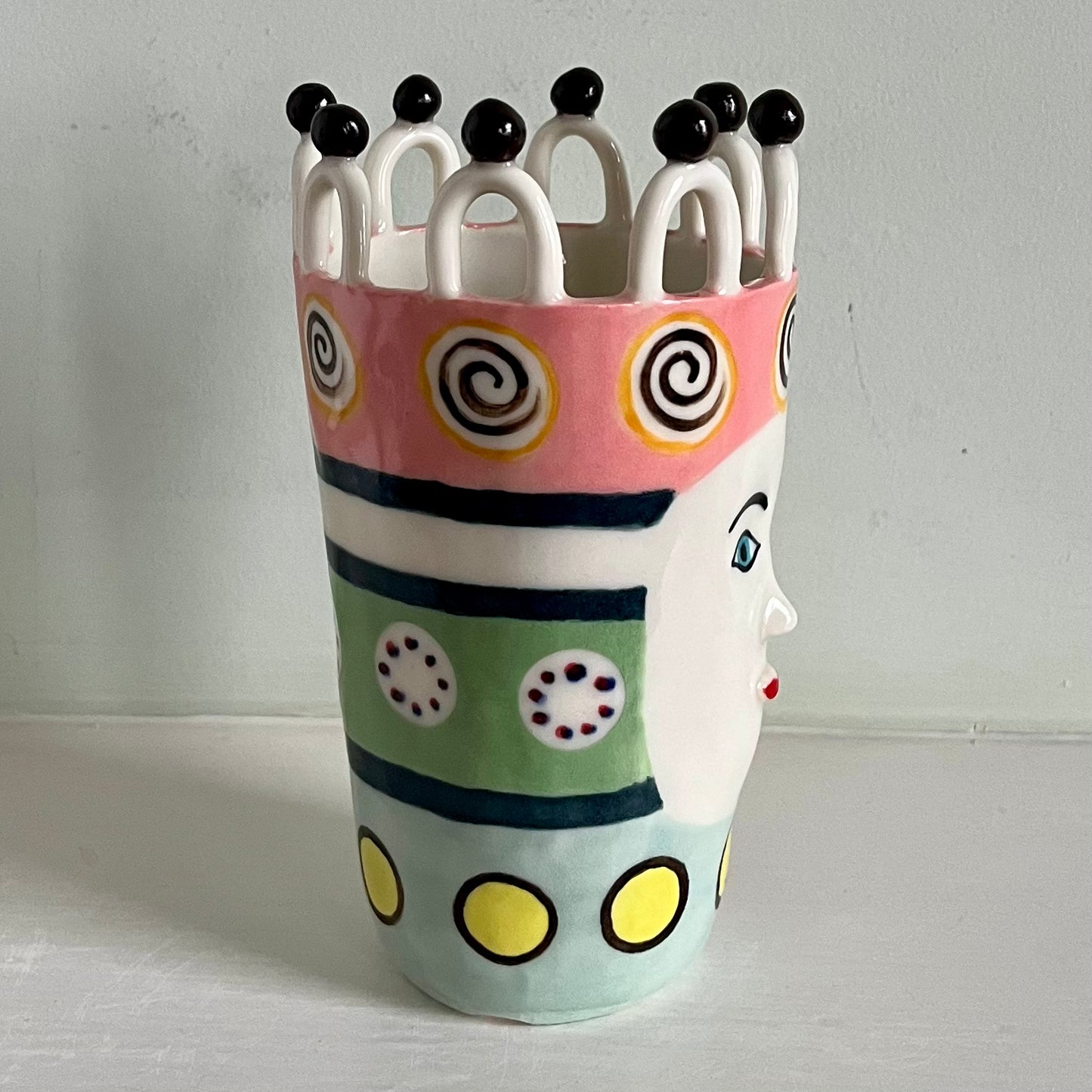 Swirls and Dot Lady on Pastel Stripes