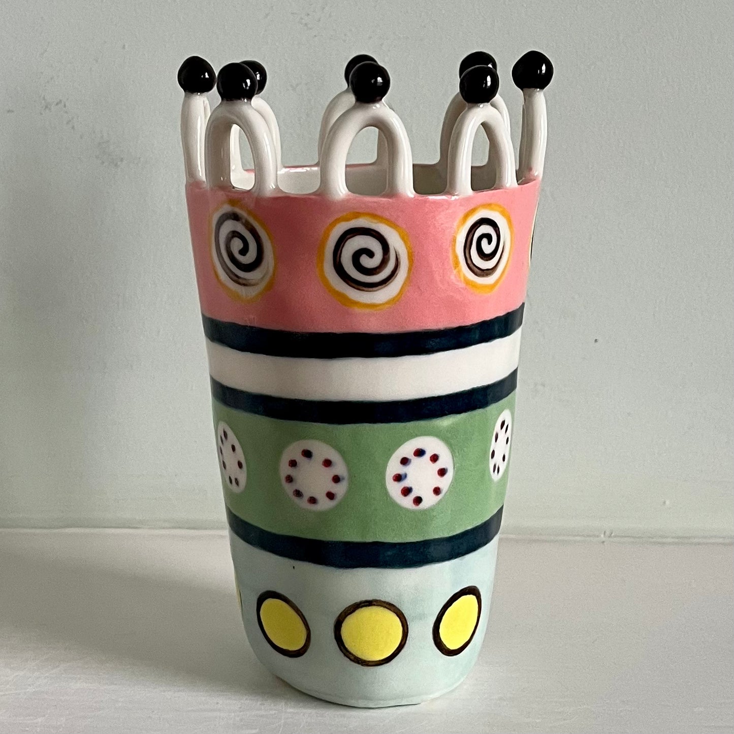 Swirls and Dot Lady on Pastel Stripes