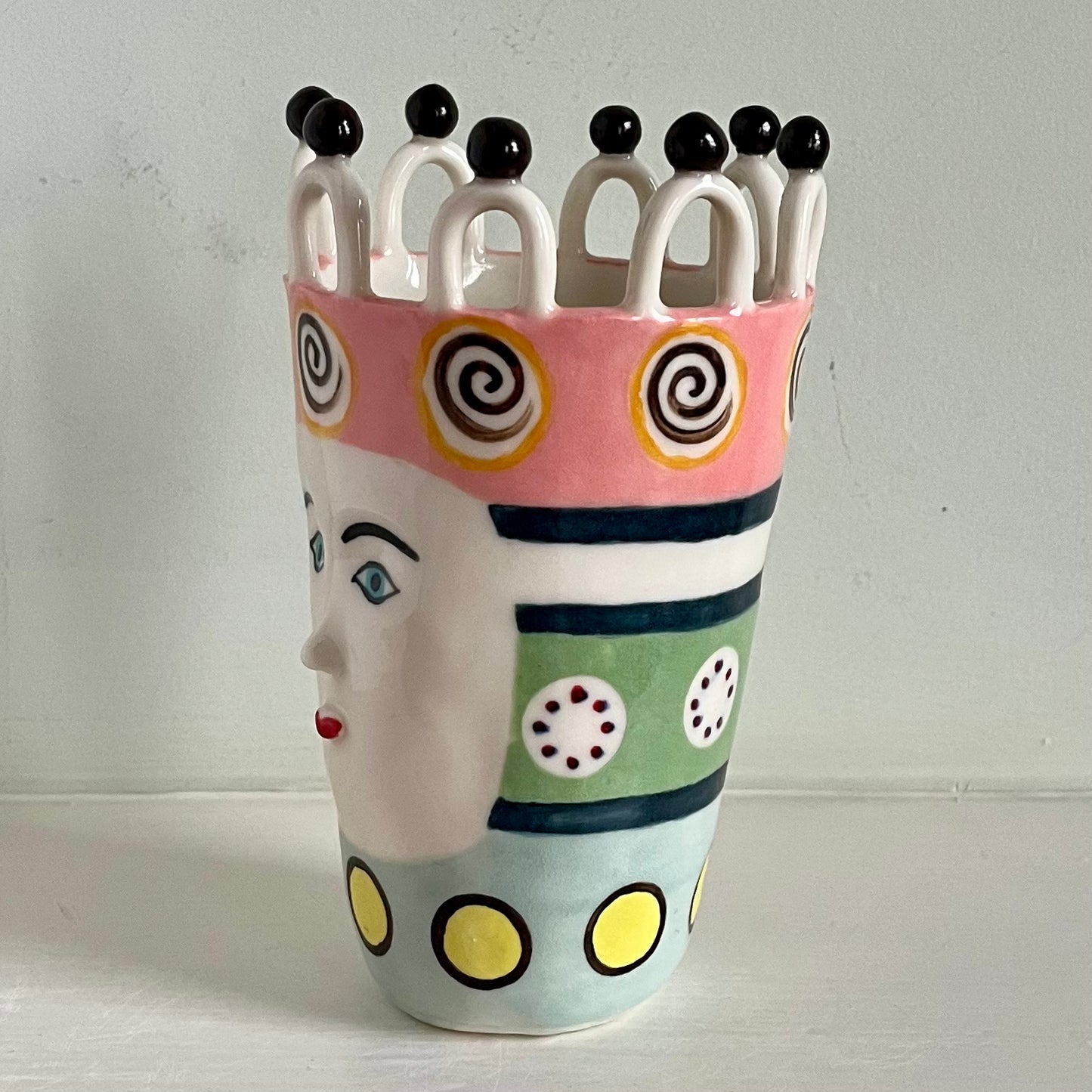 Swirls and Dot Lady on Pastel Stripes