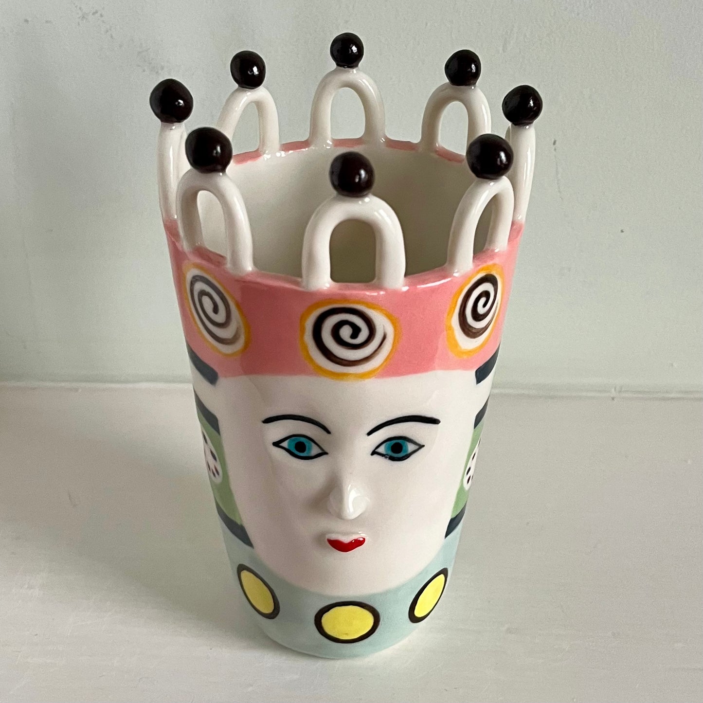 Swirls and Dot Lady on Pastel Stripes