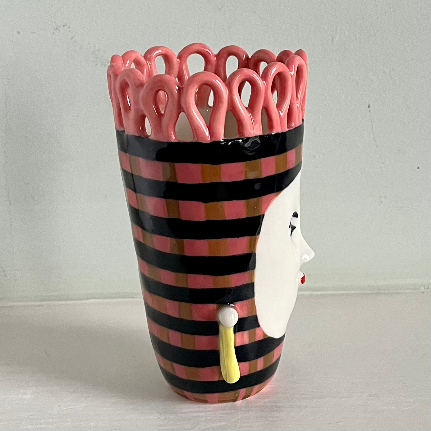 Black Striped Lady on Pink and Taupe with Pink Crown