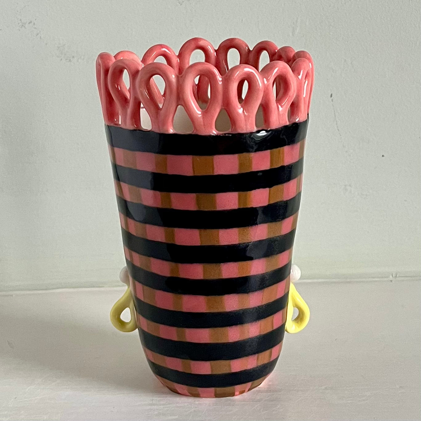 Black Striped Lady on Pink and Taupe with Pink Crown