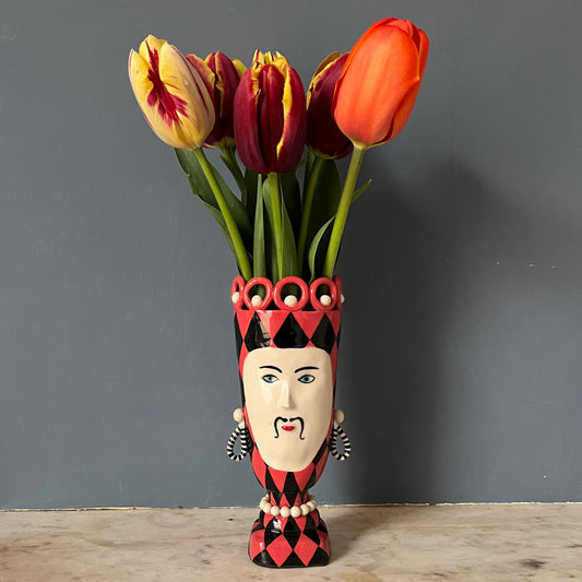 Red and Black Harlequin Head Pot with Droplet Earrings, Moustache and a Pearly Ringed Crown