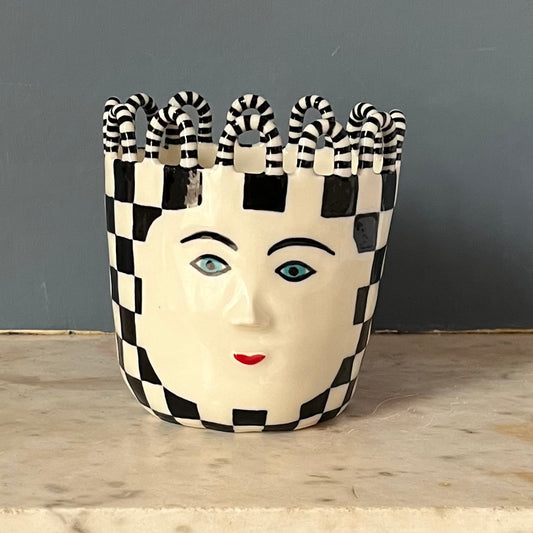 Porcelain Black and White Checked Head Pot