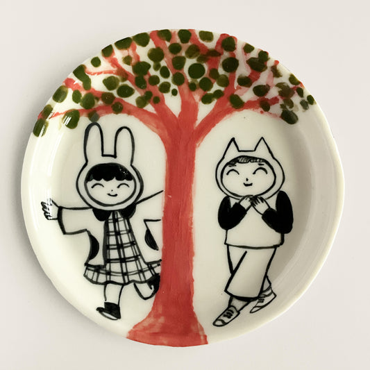 Bunny meets Kitten under the Pink Tree plate