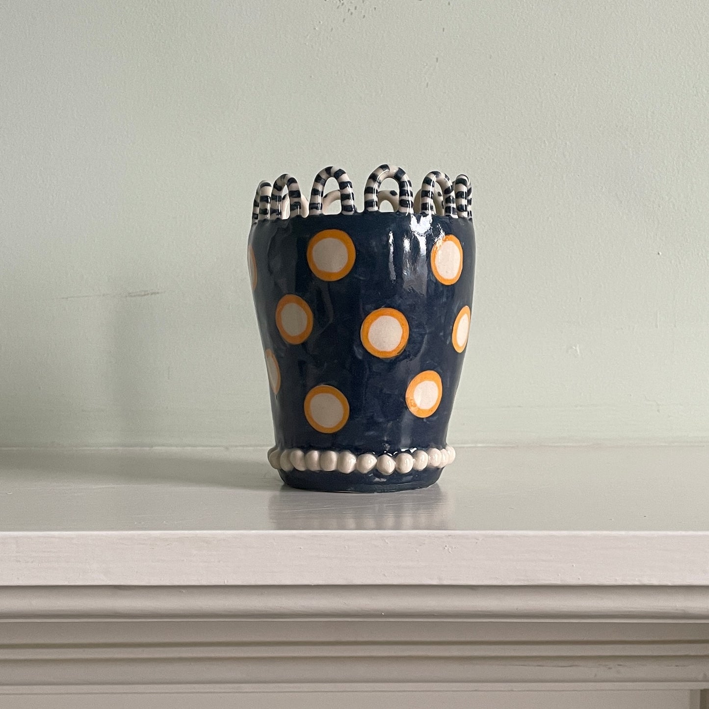 Navy Moustached Head Pot with Pearl Necklace