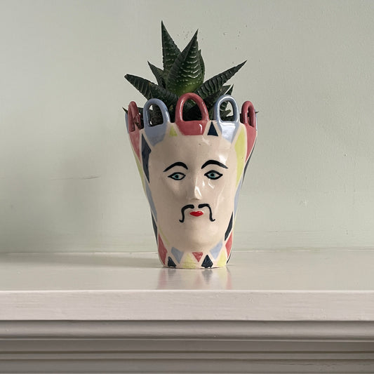 Harlequin Pink and Blue Loop Moustached Head Pot