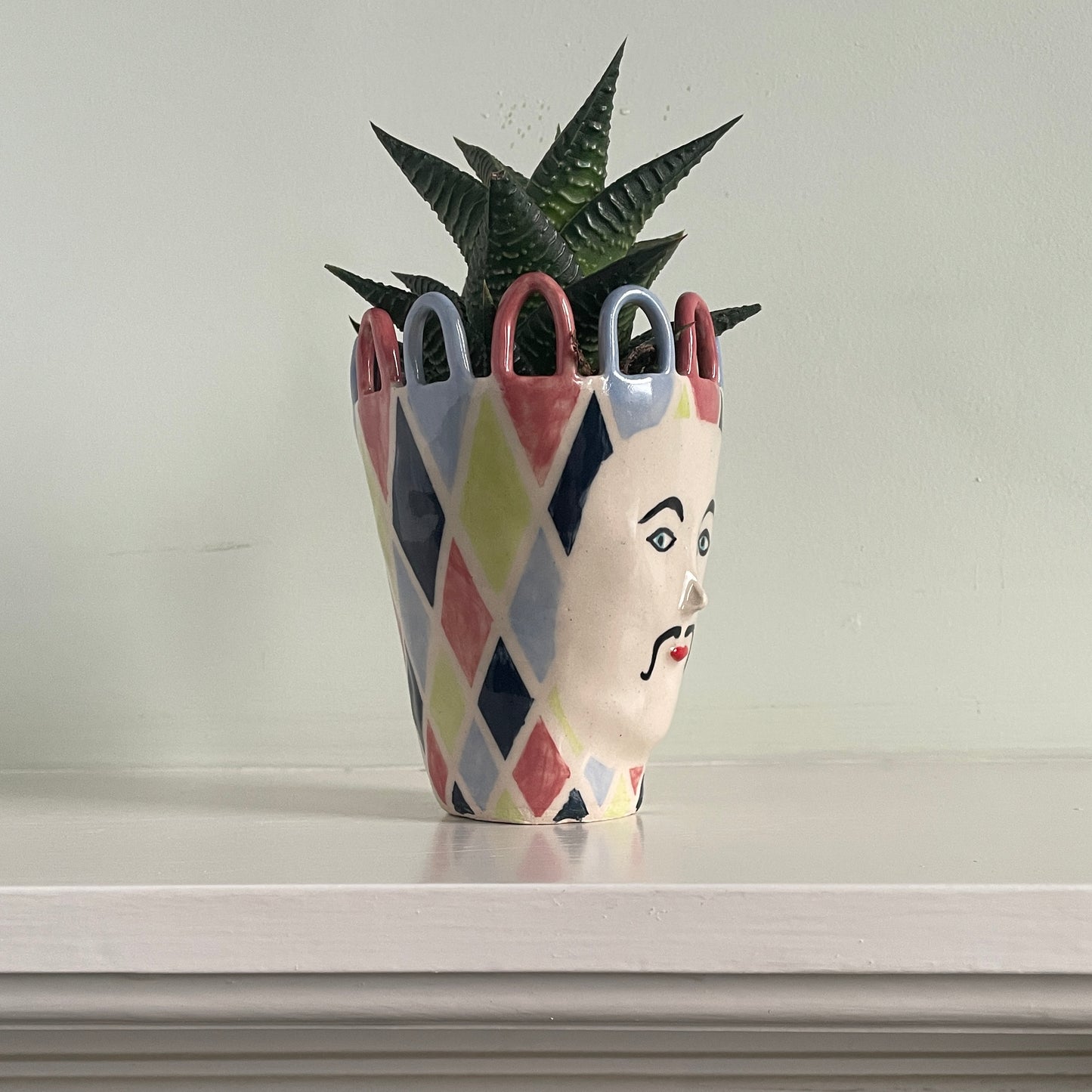 Harlequin Pink and Blue Loop Moustached Head Pot